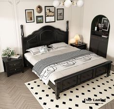 a black and white bedroom with pictures on the wall above the bed, nightstands and mirror