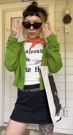 Indie Cardigan Outfit, Unif Cardigan, Whimsigoth Mini Skirt, Unif Green Cardigan, Deep Autumn, Weekend Wear, Fashion Lookbook, Sewing Clothes