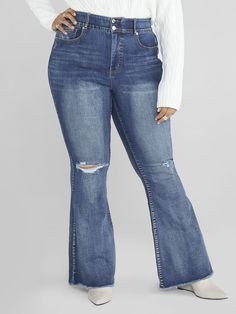 Plus Size High Rise Curvy Fit Distressed Flare Leg Jeans | Fashion to Figure Dramatic Sleeves, Smaller Waist, Sequin Bodycon Dress, Fashion To Figure, Bodycon Dress With Sleeves, Bodycon Maxi Dresses, Jeans Fashion, Flare Leg Jeans, Draped Dress