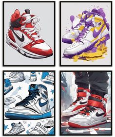 four different colored sneakers are featured in this illustration