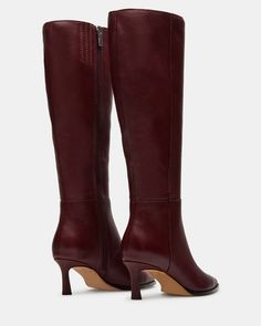 Elevate your style with LUCID - a sleek, knee-high boot featuring a trendy kitten heel and a pointed toe for a sophisticated touch. Perfect for pairing with any outfit, this boot will add a touch of elegance to your wardrobe. 2.25 inch heel height Size 6 measurements: 14.5 inch shaft circumference, 15.25 inch shaft hei Red Knee High Boots Outfit, Burgundy Boots Outfit, Bordeaux Boots, Red Knee High Boots, Red Boots Women, Knee Boots Outfit, Kitten Heel Boots, Burgundy Boots, Velvet Boots