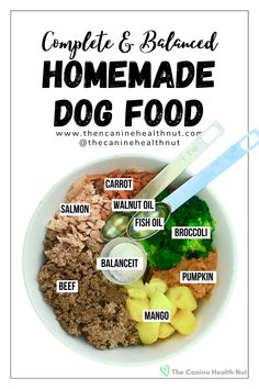 Beef and Salmon Homemade Dog Food Recipe - bowl of dog food contains beef, salmon, carrots, broccoli, pumpkin, mango, fish oil, walnut oil, and balanceIT supplement. Homemade Dog Food Recipes For Large Dogs, Raw Food Diet For Dogs, Dog Food Recipes Crockpot, Dogs Recipes, Foods Dogs Can Eat, Home Cooked Dog Food, Cook Dog Food, Raw Dog Food Diet