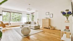 a living room filled with furniture and lots of windows next to a wooden floor covered in plants