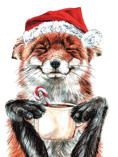 a drawing of a red fox wearing a santa hat holding a mug