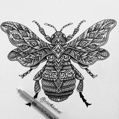 a black and white drawing of a bee with intricate designs on it's wings