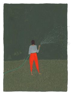 a drawing of a person spraying water on the grass with a hose in his hand