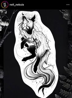 a black and white drawing of a fox with long hair on it's back