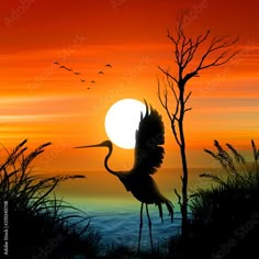 the silhouette of a crane flying in front of an orange and blue sunset with birds