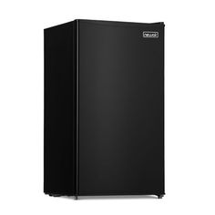 a black refrigerator freezer sitting on top of a white wall