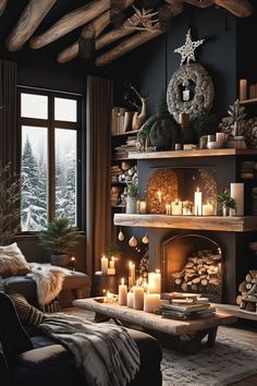 a living room filled with lots of candles next to a fire place in front of a window