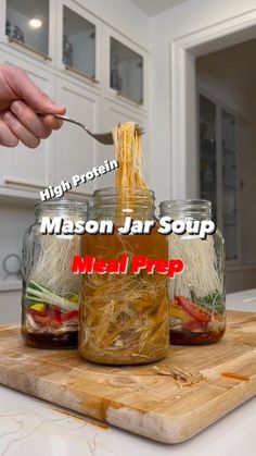 the mason jar soup meal prep is ready to be made into a meal with noodles and vegetables