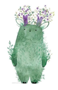 a watercolor drawing of a green bear with purple flowers on its head and ears