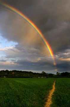 a rainbow in the sky over a green field with a dirt path leading to it