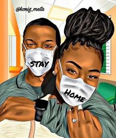 two people wearing face masks with the words stay home written on them in black lettering