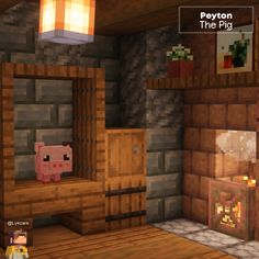 an image of a room in the minecraft style with pig on the shelf and other items