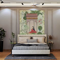 a bedroom with a large bed and paintings on the wall above it's headboard