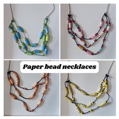 four different types of bead necklaces with the words paper bead necklaces