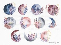 six watercolor moon images with flowers and crystals in front of the moon, on a white background