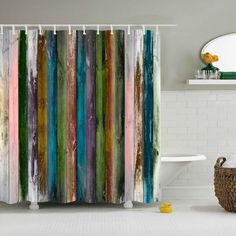 a shower curtain with multicolored wood planks on the outside and white tiles on the inside