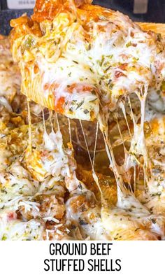 a close up of a slice of pizza on a plate with the words stuffed pasta shells