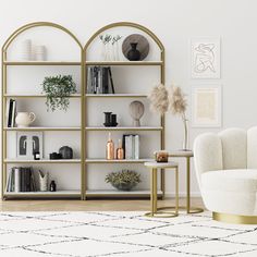 a living room filled with furniture and bookshelves next to a white rug on top of a hard wood floor