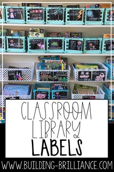 classroom library labels with the words classroom library labels in black and white on blue bins