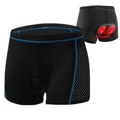 two men's boxer shorts with red and blue details on the bottom, one in black