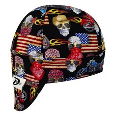 "Fabric This Black Blazing Motorcycles print is a soft woven cotton | Fabric is color fast | Print design fits great on a 6-panel cap | The plain black background really sets off the American flag & the skulls... I also love that there's a motorcycle on the same print... love it! 🏍️ | Fabric is an easy wash & wear cotton | This fabric is a medium weight fabric making it super comfy to wear all day & yet still long lasting! | There are three (3) different sized images which are; skull being approximately 1 1/2\" x 1 1/2\", the American flag that is approximately 2\" x 3\", & the motorcycle which is approximately 1 1/2\" x 3\" 💀 Cap Designs Crown & band is double stitched for added durability for the wearer | Band is a wide 1 1/2 inches & bill (Visor) is a deep 3 inches in length to cover Multicolor Cotton Hat For Streetwear, Breathable Black Cotton Hat, Adjustable Cotton Hats With Graphic Print, Adjustable Cotton Hat With Graphic Print, Graphic Print Cotton Hat, One Size Fits Most, Graphic Print Cotton Hat One Size Fits Most, Cotton Hats With Graphic Print, One Size Fits Most, Graphic Print Cotton Hat, Adjustable Cotton Baseball Cap With Graphic Print