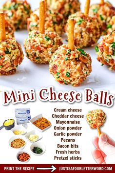 an advertisement for mini cheese balls on a plate