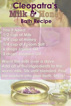 Bath Herbs Recipe, Things To Add To Your Bath, Cleopatra Milk Bath Recipe, Cleopatra Bath Recipe, Diy Milk Bath Recipes, Bath Water Ideas, Cleansing Bath Recipe, Milk Bath Recipe Diy, Bath Spa Ideas