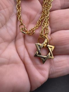 Great details!  Wear on finish. Vintage Gold Star Jewelry, Star Shaped Metal Jewelry With Star Charm, Symbolic Gold Star Necklace, Metal Star Charm Jewelry, Vintage Nickel-free Star Jewelry, Vintage Star-shaped Nickel-free Jewelry, Gold Star Of David Necklace Nickel Free, Gold Nickel-free Star Of David Necklace, Symbolic Gold Jewelry With Star Charm