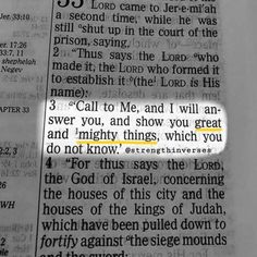 an open bible book with the words,'i call to me and show you great and mighty things which you do not know '