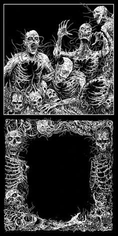 a black and white drawing of two skeletons in front of a fire place with skulls on it