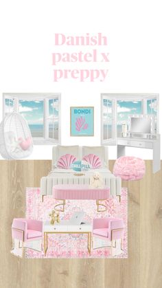 an advertisement for danish pastel x preppy, with pink furniture and decor in the background