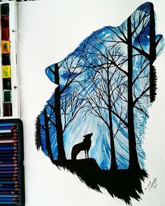 a drawing of a wolf in the woods