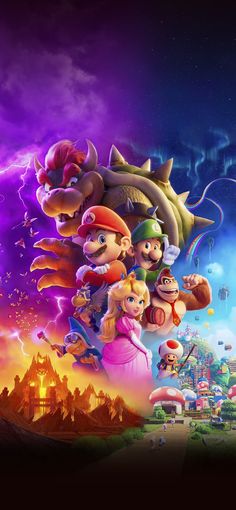 super mario kart and friends flying in the sky