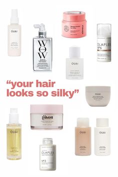 gibson products OUAI products olaplex products hair mask hair oil condtioner shampoo hair protection oil Silky Hair Products, Ouai Hair Products, Healthy Silky Hair, Silky Hair Mask, Hair Care Aesthetic, Ouai Hair Oil, Ouai Hair, Natural Hair Care Routine, Healthy Hair Routine