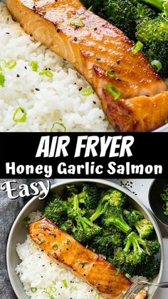 air fryer honey garlic salmon with broccoli and white rice on the side