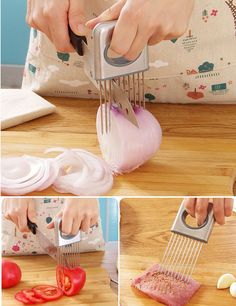 a person grating onions on top of a cutting board with a meat slicer