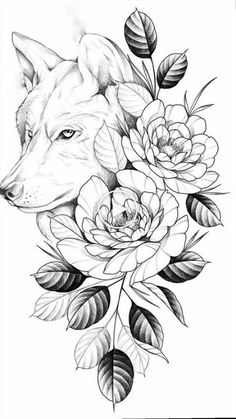 a drawing of a wolf with flowers on it's head and leaves around its neck