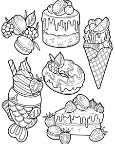 coloring pages with different types of cakes and ice creams