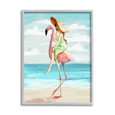 a painting of a woman with a flamingo on the beach