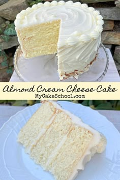 two pictures of a slice of cake with white frosting on the top and bottom