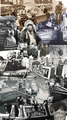 an old black and white collage with people on boats in the water, horse drawn carriages