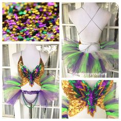 four different pictures of the same costume and accessories, one is green, purple, and gold