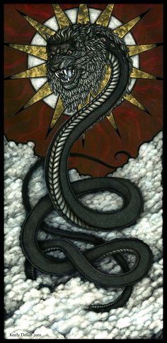 a painting of a black snake with sun in the background and clouds on it's side