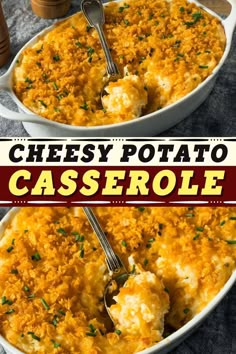 cheesy potato casserole in a white dish with a serving spoon