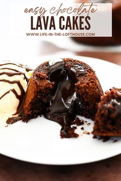 chocolate lava cakes on a white plate with ice cream