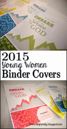 several different colored paper covers with the words 2013 young women binder covers on them