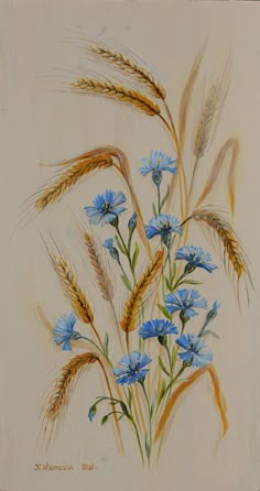 a painting of blue flowers and wheat stalks